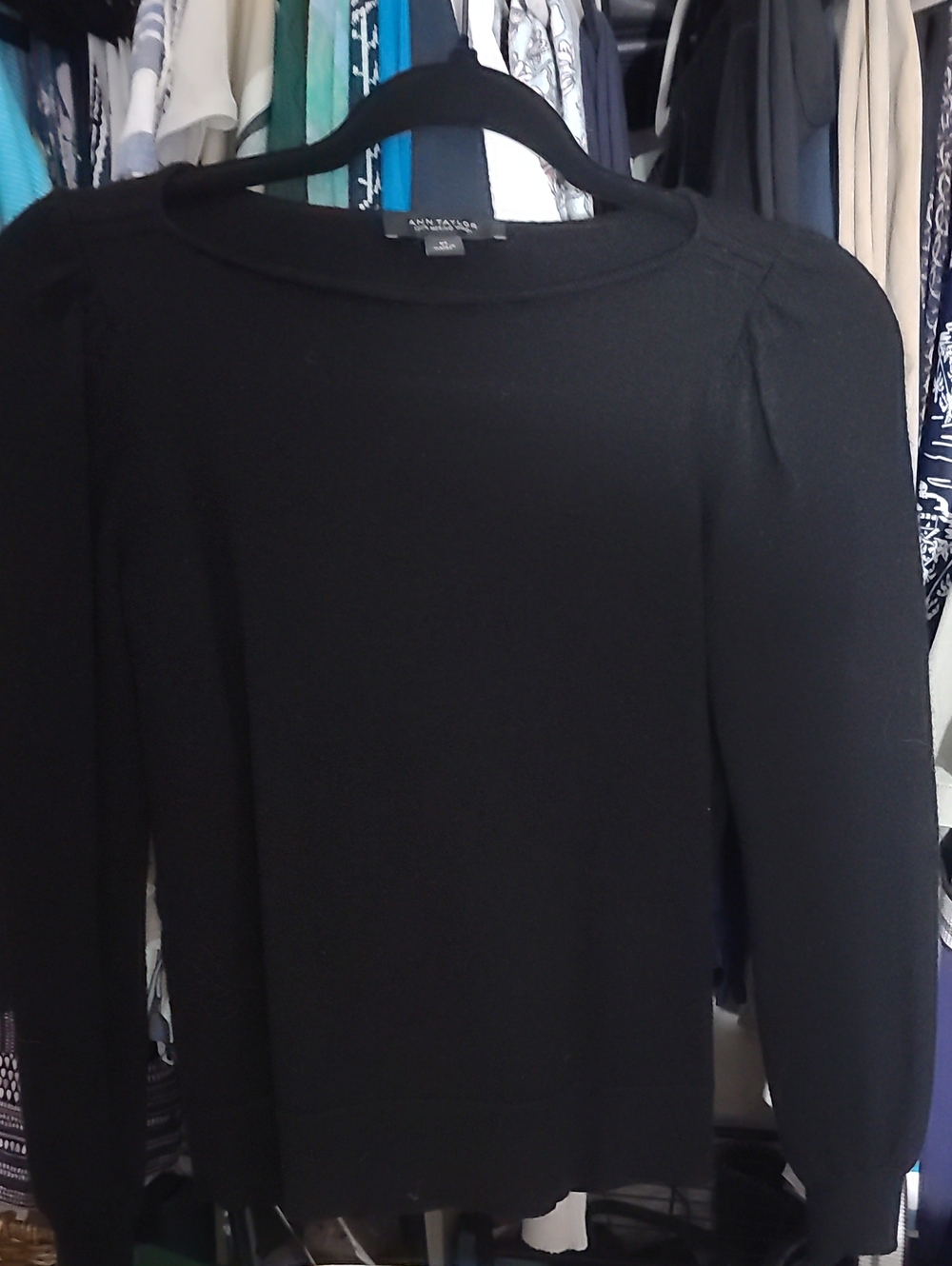 Ann Taylor Black Long-Sleeve Crewneck with Subtle Puff Shoulders
